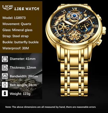 LIGE Men's Watches Waterproof  Chronograph Sports Quartz