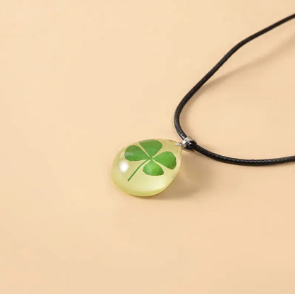 Luminous St. Patrick's Day Pendant Necklace Four Leaf Clover Water Drop Pendant