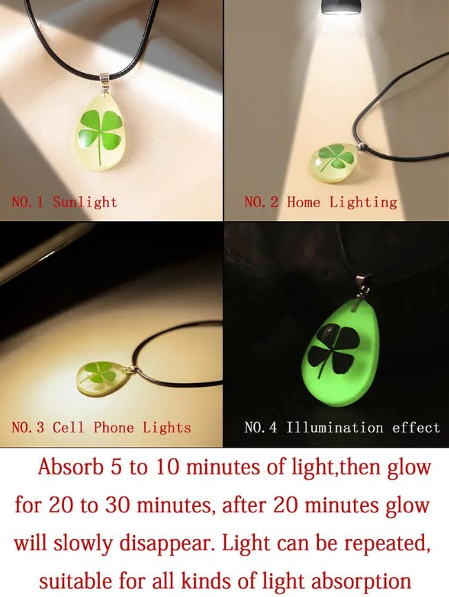 Luminous St. Patrick's Day Pendant Necklace Four Leaf Clover Water Drop Pendant