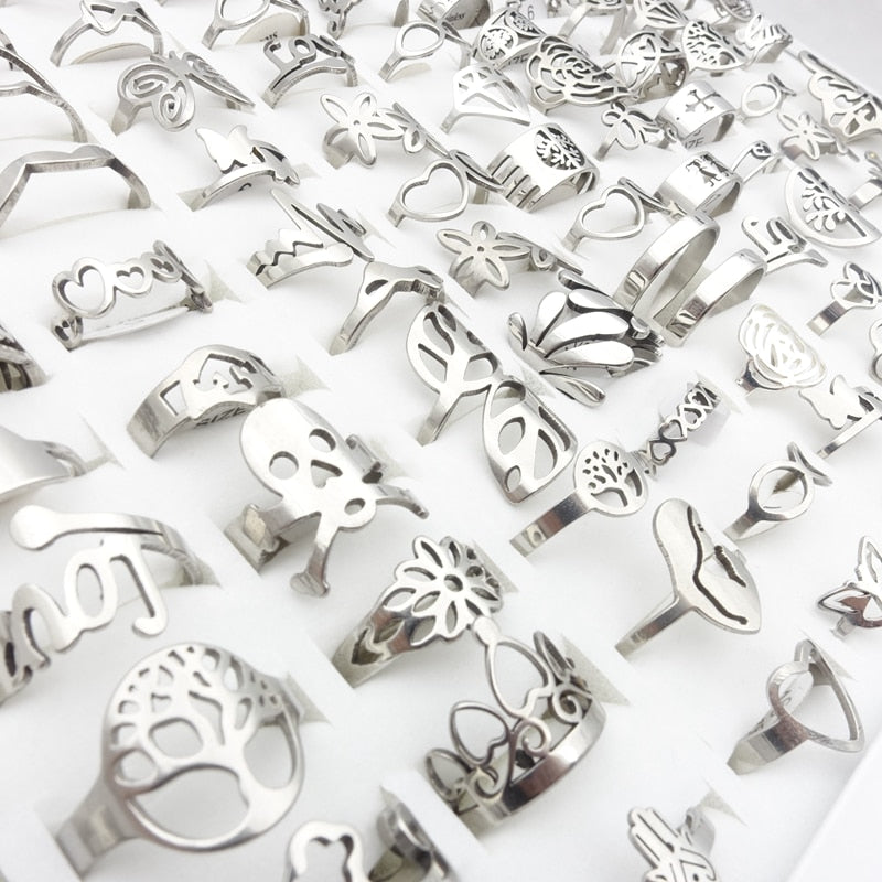 50pcs Women's Stainless Steel Rings Laser Cut Patterns Mixed Styles For Women