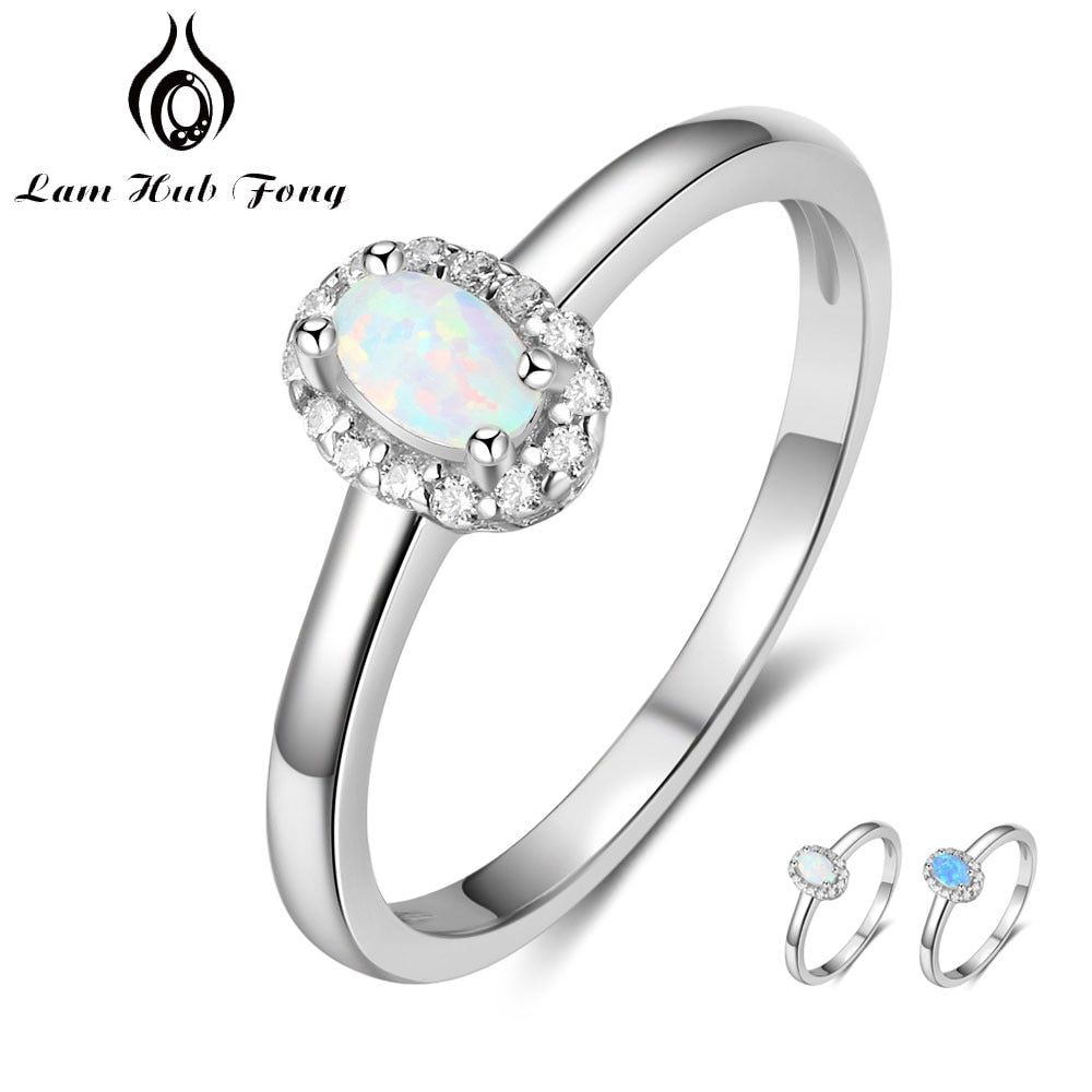 Women Sterling Silver Rings Created Oval Blue White Fire Opal Ring with Zircon Romantic Gift 6 7 8 Size (Lam Hub Fong)