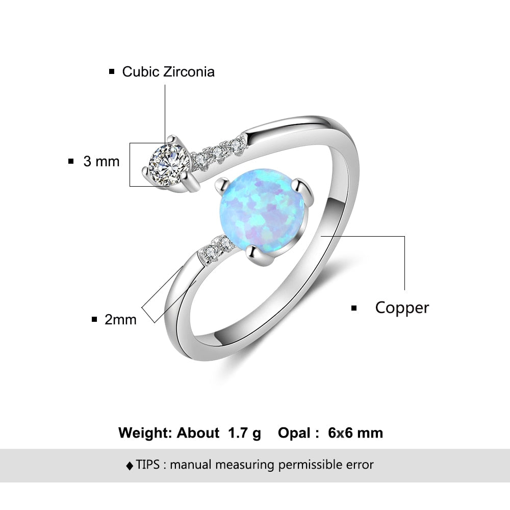 Round Opal Cubic Zirconia Adjustable Wrap Ring for Women