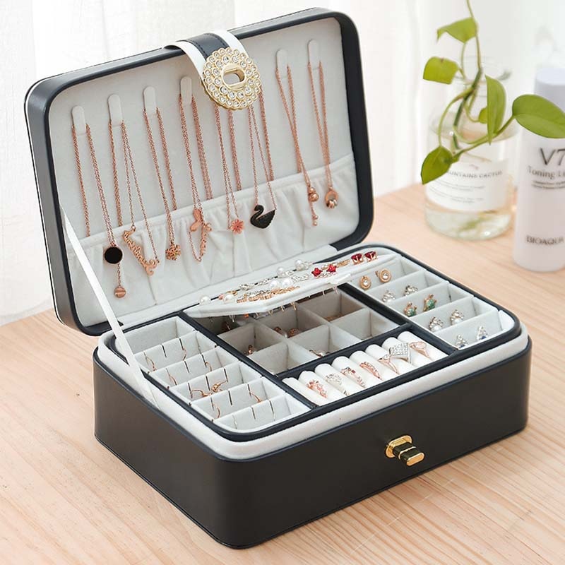 Double Layer Jewelry Box Portable Leather Display Organizer