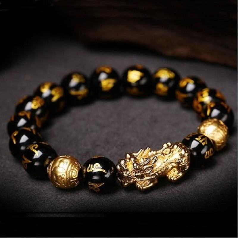 Obsidian Stone Beads Pi Xie Black Wealth Feng Shui Bracelets for Women Men