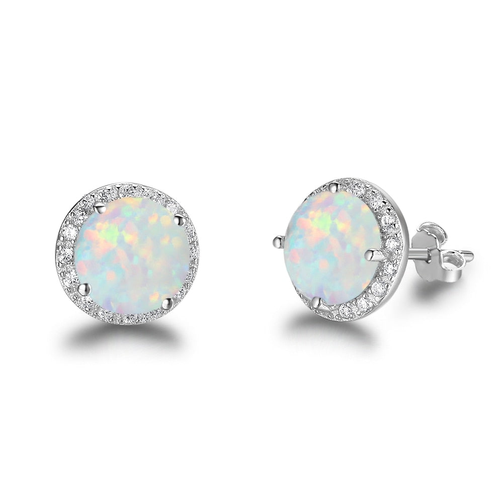 925 Sterling Silver Earrings for Women – 10mm Blue Opal Stone – Ocean Style Stud Earrings – Trendy Jewelry Gift for Her
