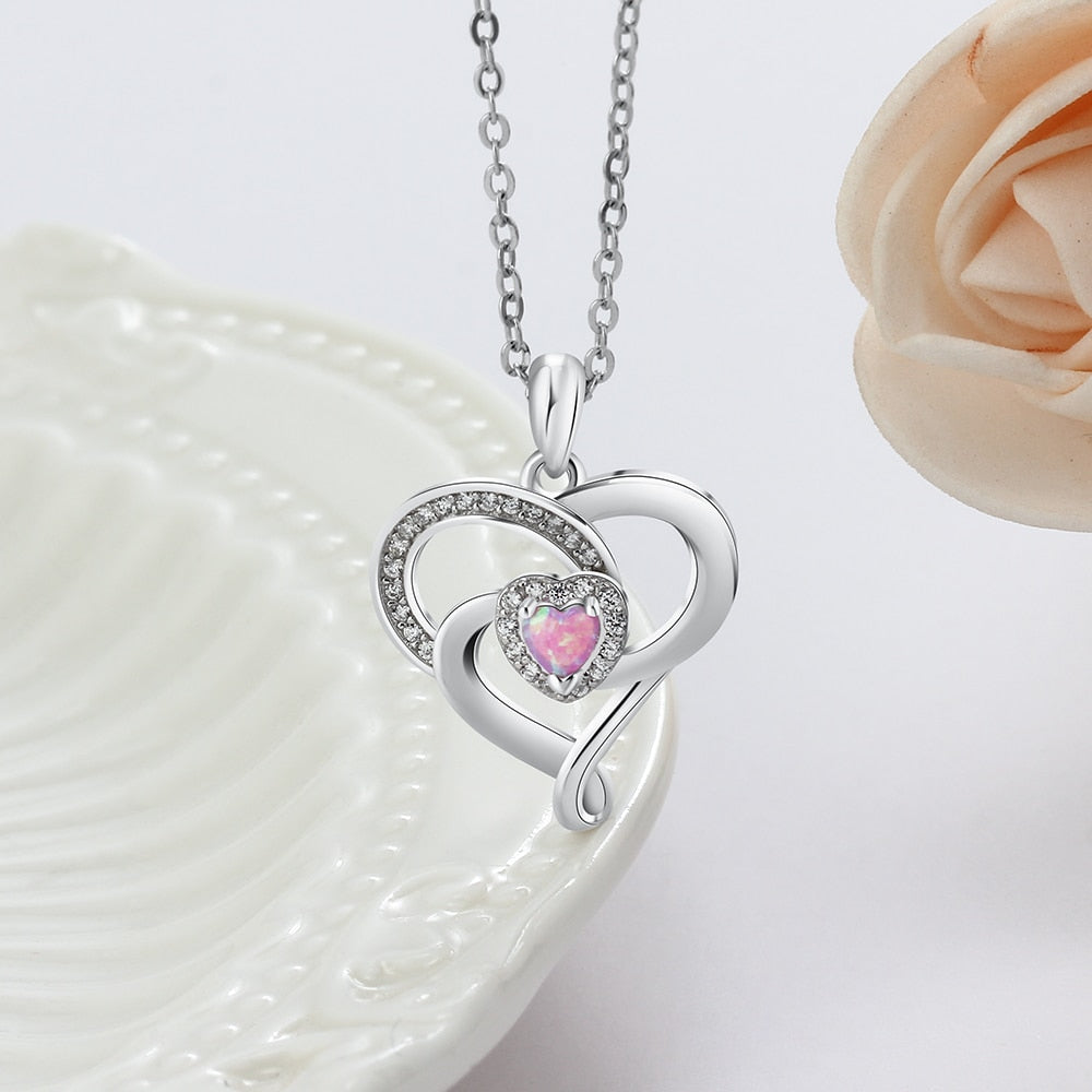 Ladies Heart-Shaped Pink Opal Zircon Pendant Necklace