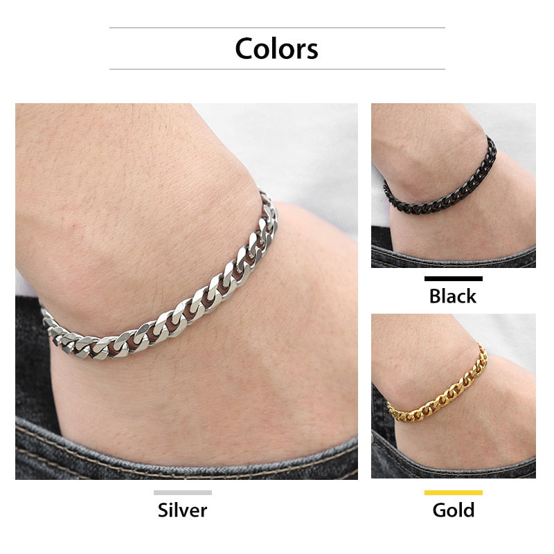Men's Stainless Steel Curb Cuban Link Chain Black Gold Silver Color Bracelet