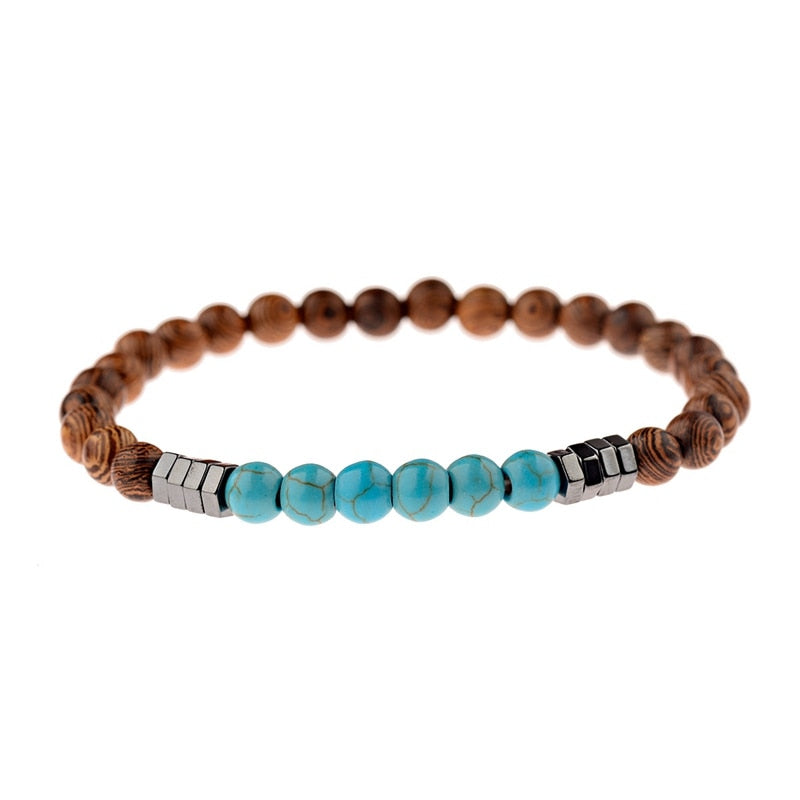 6MM Unisex Natural Wood Beaded Bracelet Ethnic Hematite Lava Stone