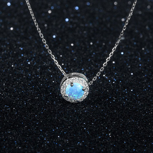 Round Opal Pendant Sterling Silver Cubic Zirconia Circle Necklace Birthday Gifts