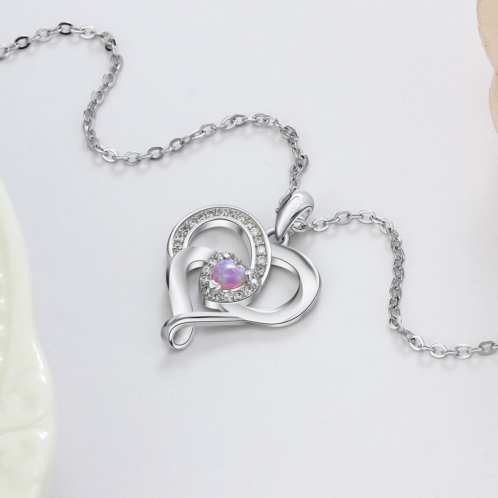 Ladies Heart-Shaped Pink Opal Zircon Pendant Necklace