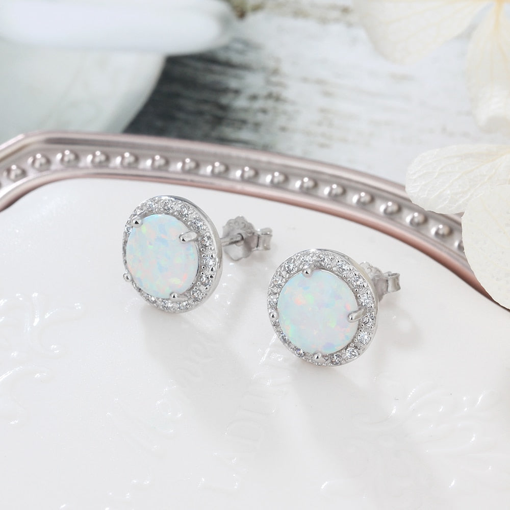 925 Sterling Silver Earrings for Women – 10mm Blue Opal Stone – Ocean Style Stud Earrings – Trendy Jewelry Gift for Her