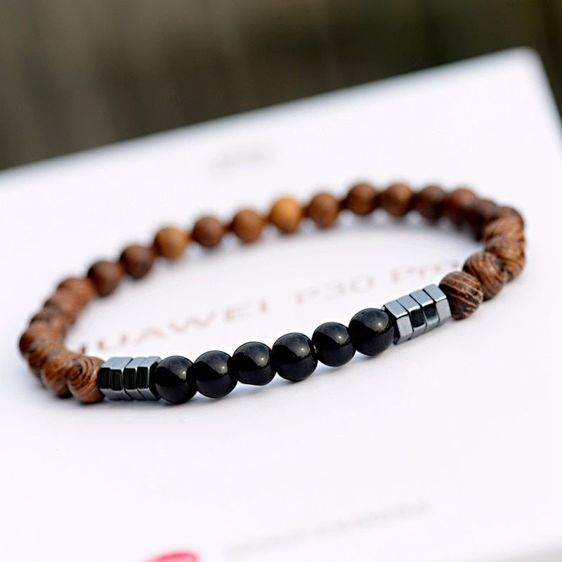 6MM Unisex Natural Wood Beaded Bracelet Ethnic Hematite Lava Stone