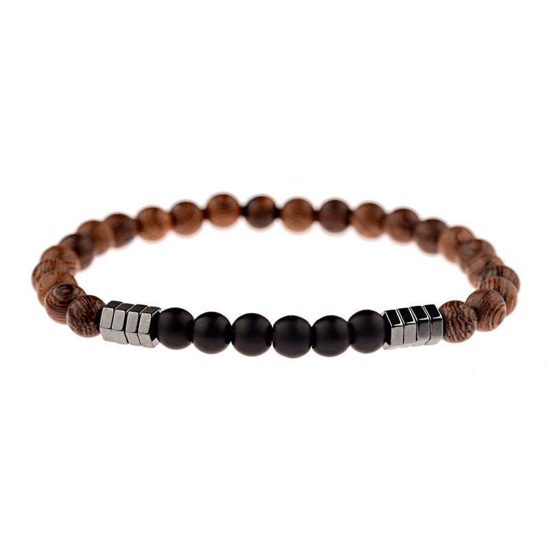 6MM Unisex Natural Wood Beaded Bracelet Ethnic Hematite Lava Stone