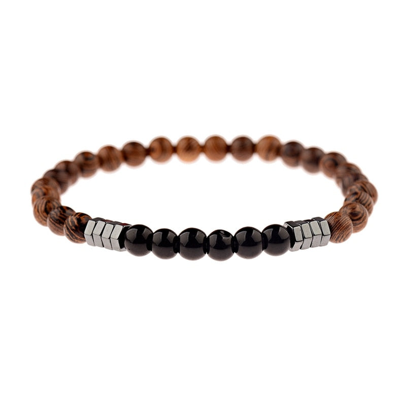 6MM Unisex Natural Wood Beaded Bracelet Ethnic Hematite Lava Stone