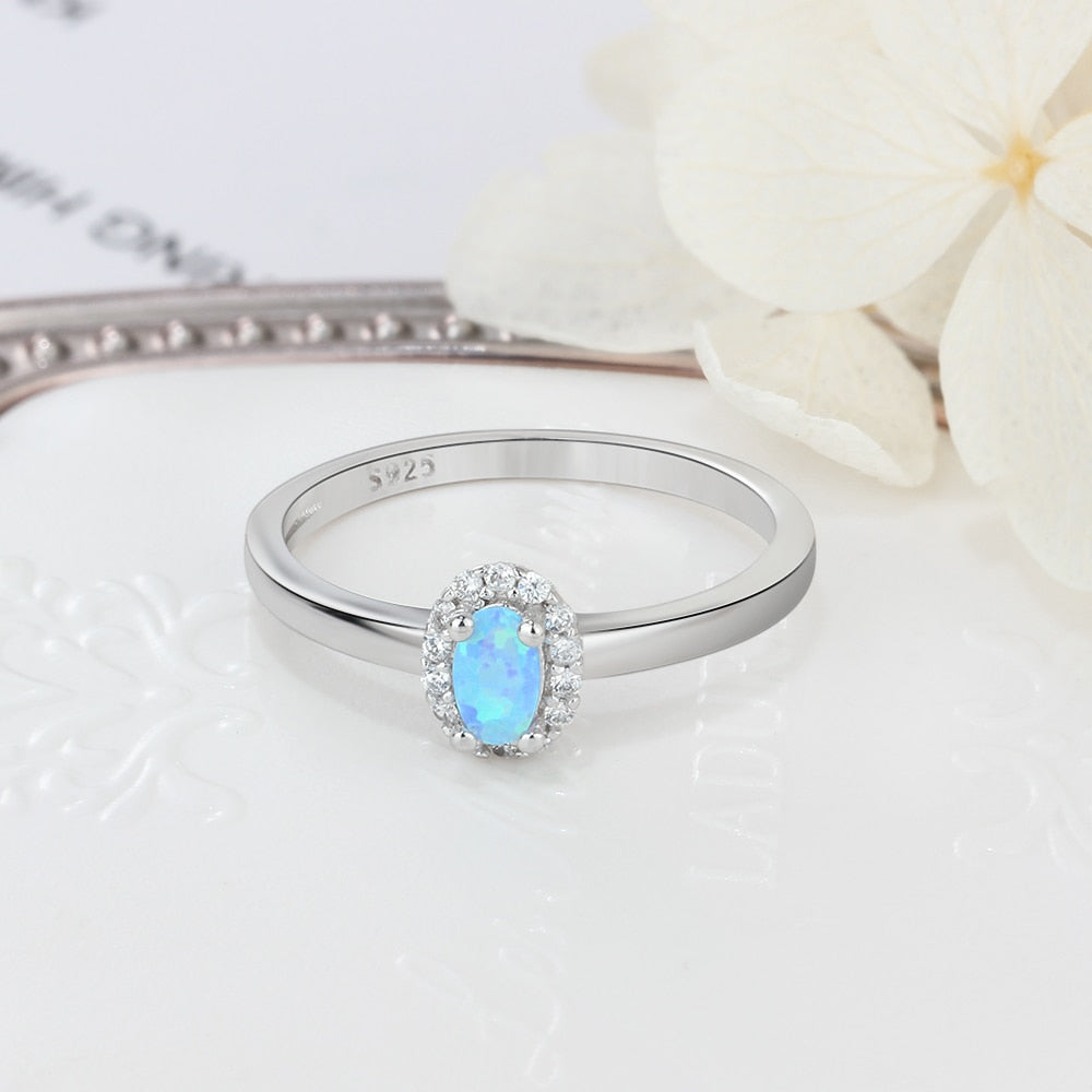 Women Sterling Silver Rings Created Oval Blue White Fire Opal Ring with Zircon Romantic Gift 6 7 8 Size (Lam Hub Fong)