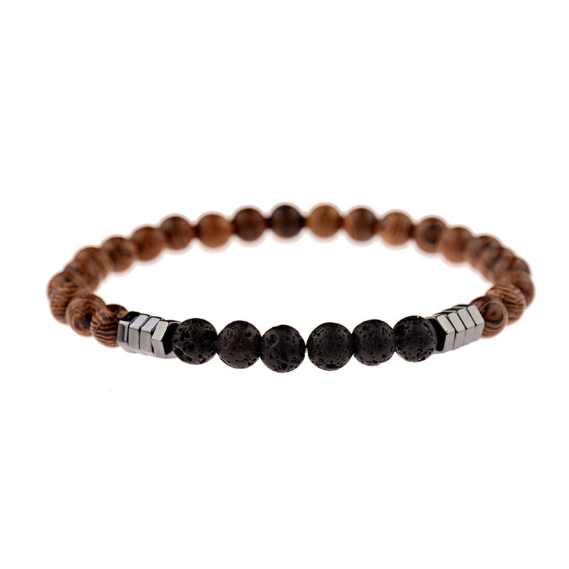 6MM Unisex Natural Wood Beaded Bracelet Ethnic Hematite Lava Stone