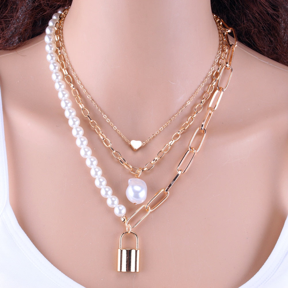 Layered Pearl Gold and Silver Necklace with Pendant For Women