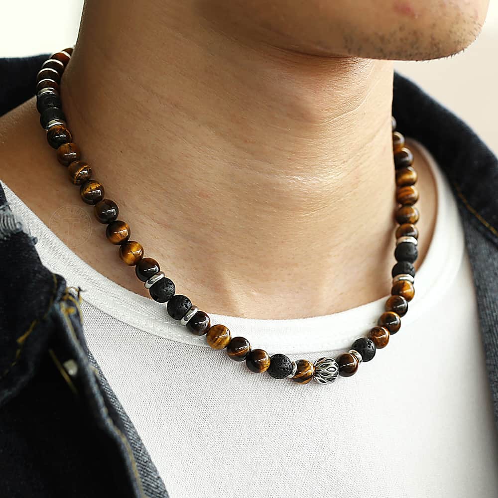 8mm Natural Stone Tiger Eyes Lava Bead Necklace For Men 18/20inch