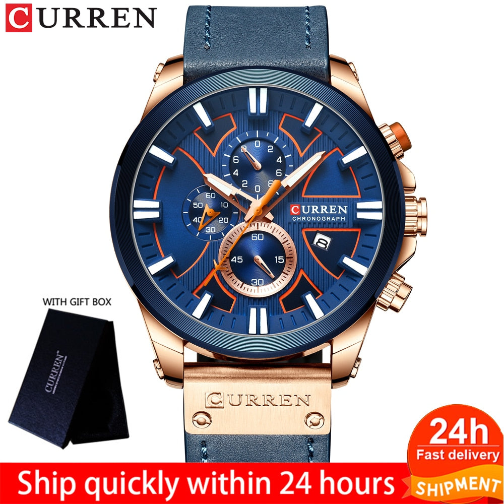 CURREN Men Watch Leather Brand Luxury Quartz Chronograph Watch