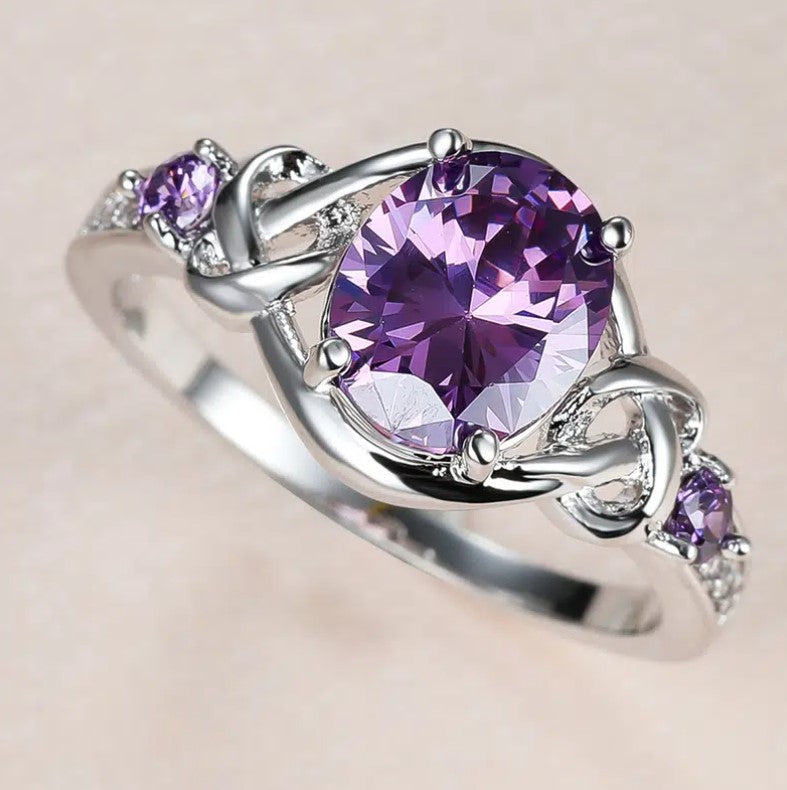 Multi-Gemstone Mystical Oval Purple Zirconia Ring for Women