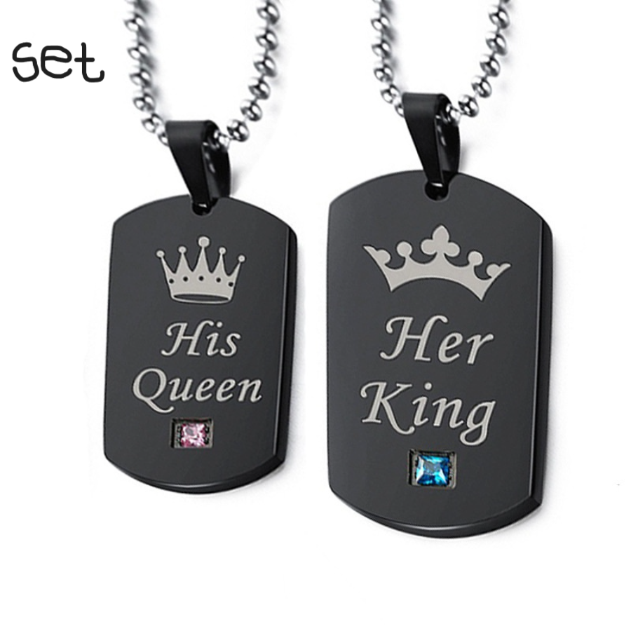 Couple Necklace His Hers Titanium Stainless Steel Pendant Crown Tag Queen & King Matching Set Gift