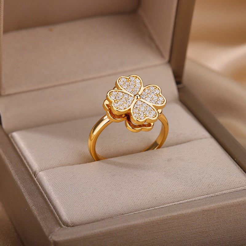 Trendy Vintage Lucky Four Leaf Clover Rotatable Rings for Women