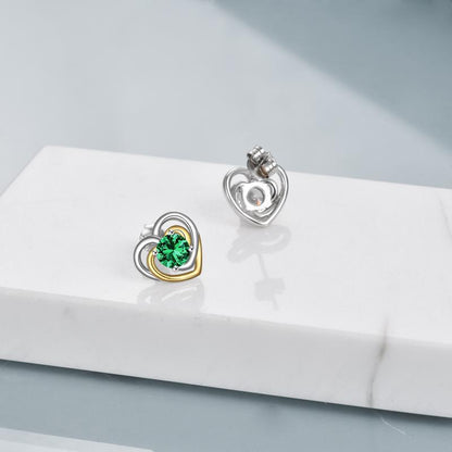 925 Sterling Silver Heart Stud Earrings With May Birthstone Emerald For Women