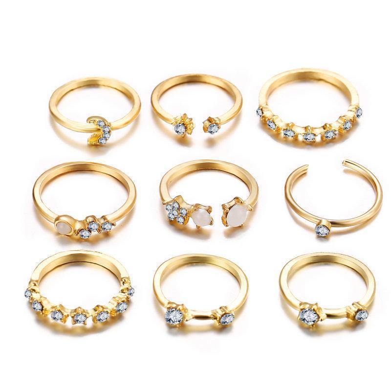 9 Piece Celestial Ring Set With Austrian Crystals 18K Gold Plated Ring Set in 18K Gold Plated