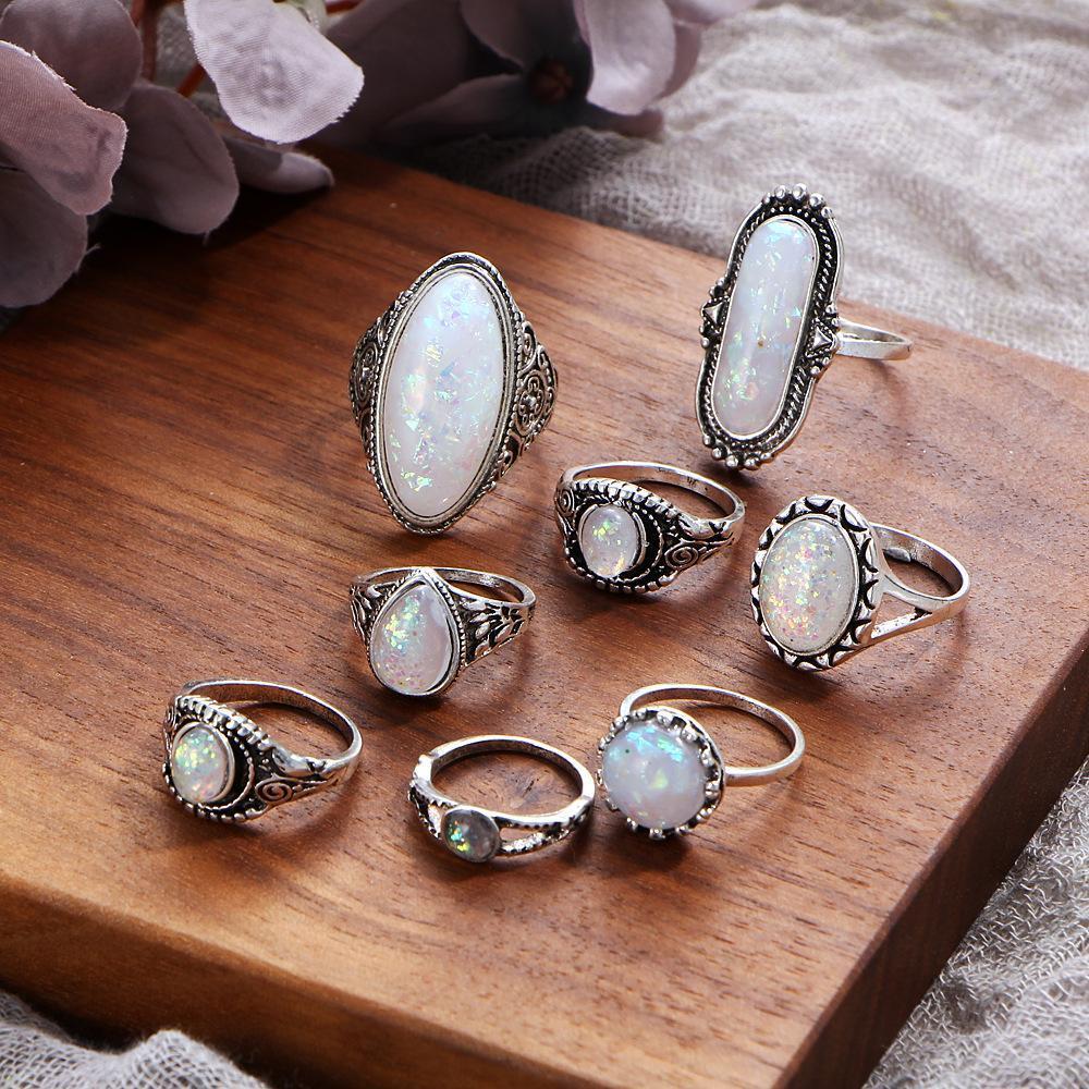 18K White Gold Plated 8 Piece Opal Ring Set With Austrian Crystals