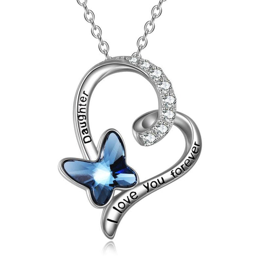 Daughter Necklace Gift for Daughter Birthday Sterling Silver with Blue Butterfly Crystal Heart Necklace