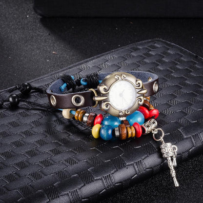 Leather Bracelet with Stainless Steel Watch for Women