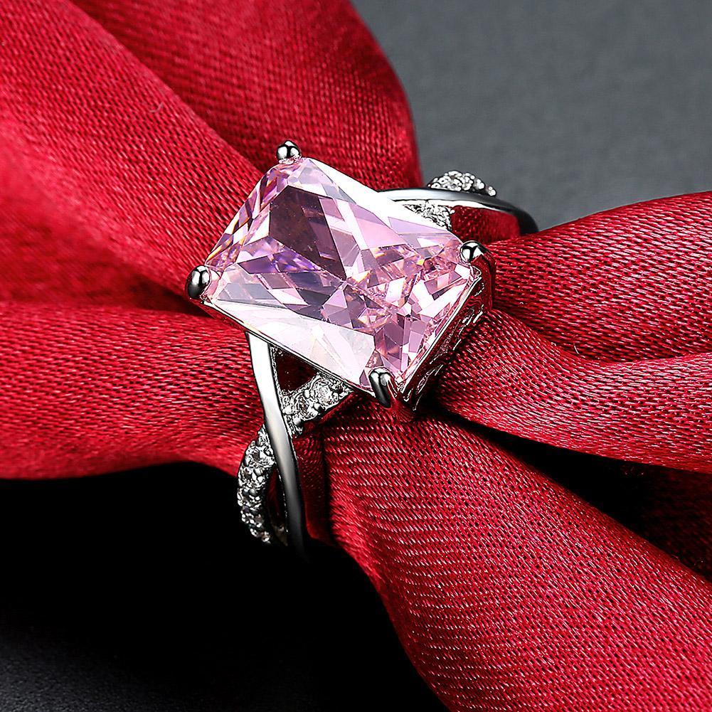 Emerald Cut Pink Crystal Swirl Ring Set in 18K White Gold Plating Made with Austrian Elements ITALY Made