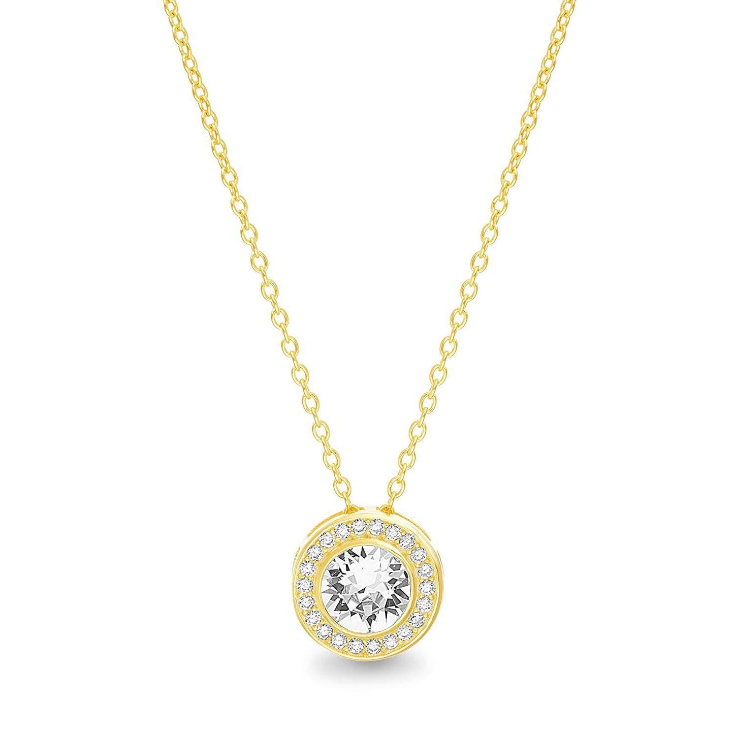 Pave Halo Disc Necklace & Pave Hoop Earring made With Austrian Crystals with Luxe Box - 18K Gold