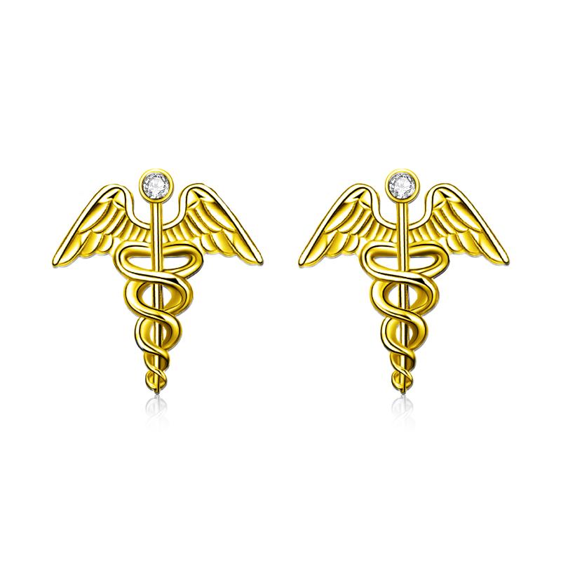 Caduceus Angel Nurse Earrings Sterling Silver Medical Symbol Studs with White Crystal Jewelry Gift for Women Nurse Doctor Medical Student
