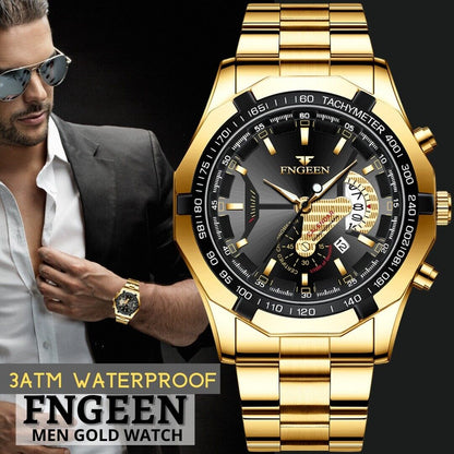 Gold Stainless Steel Quartz Watch For Men Waterproof Classic