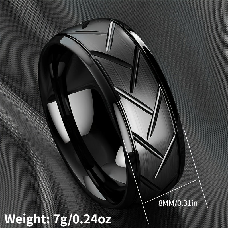 8MM Double Grooves Tire Ring - Men's Black / Titanium Steel Ring