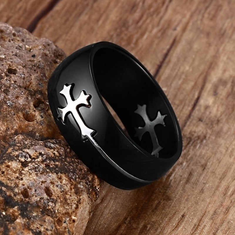 Black Stainless Steel Ring With Cross Inlaid For Men
