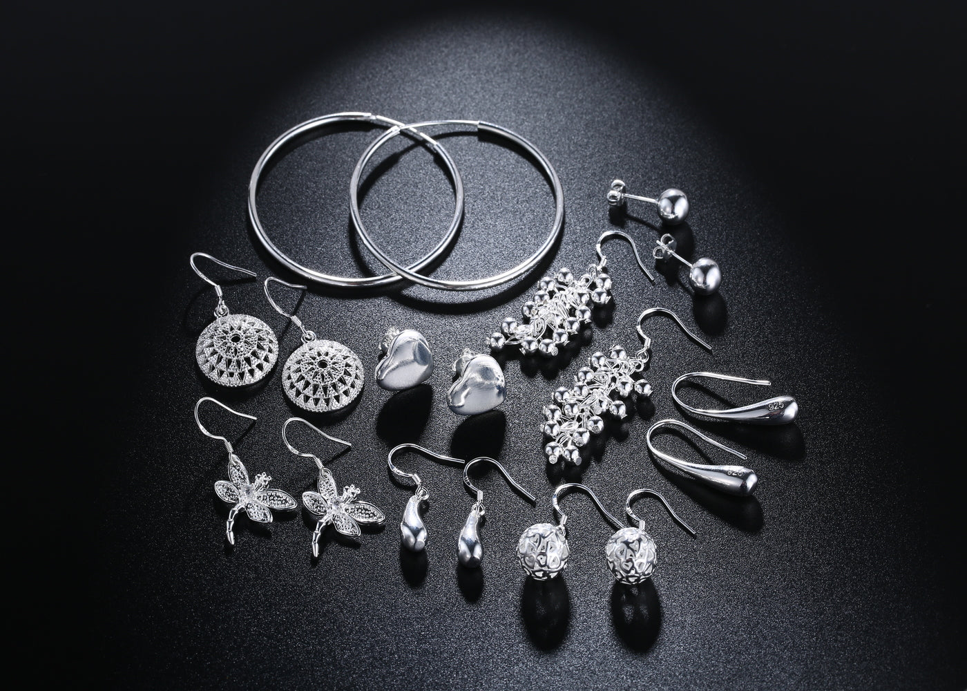 9 Pairs Of Earring in 18k White Gold Filled