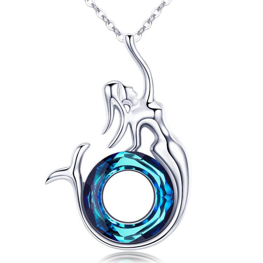 S925 Sterling Silver Crystal Little Mermaid Pendant Necklace for Women Girls Jewelry
