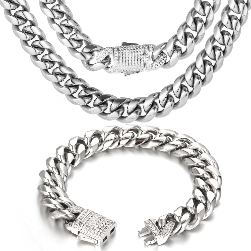 Bling Diamond Clasp Stainless Steel Necklace Bracelet For Men
