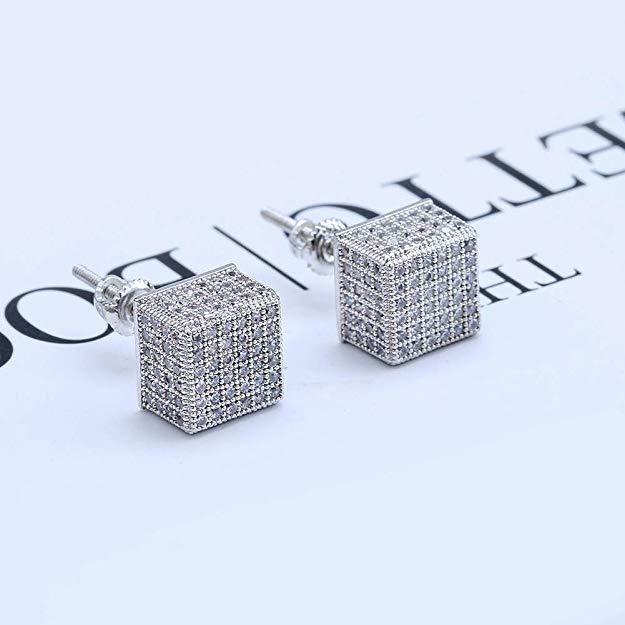 3D Cubed White Elements Stud Earrings in 18K White Gold Men Women