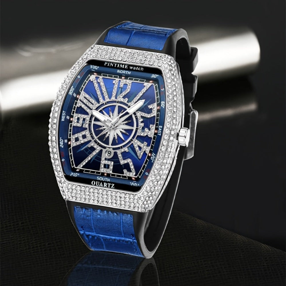 Men's Iced Out Crystal Pave Rhinestone Quartz Watch with Rubber Strap