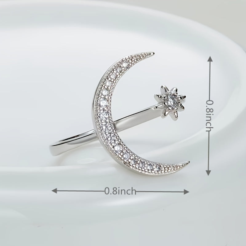 White Gold Crescent Moon & Star Adjustable Open Ring For Her In Sterling Silver