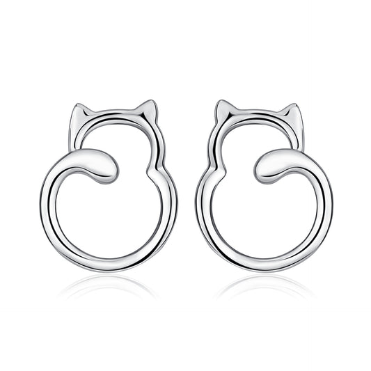925 Sterling Silver Cute Mini Love Cat Women Girl Stud Earrings Chunky Cat