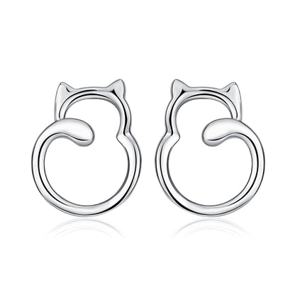 925 Sterling Silver Cute Mini Love Cat Women Girl Stud Earrings Chunky Cat