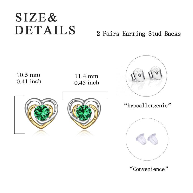 925 Sterling Silver Heart Stud Earrings With May Birthstone Emerald For Women
