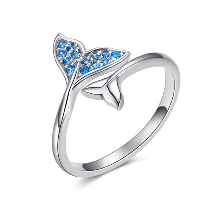 925 Sterling Silver Mermaid Tail With Blue Zircon Adjustable Open Rings