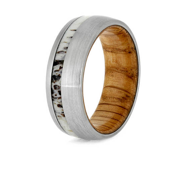 8MM Comfort Fit Titanium Antler and Whiskey Barrel Ring