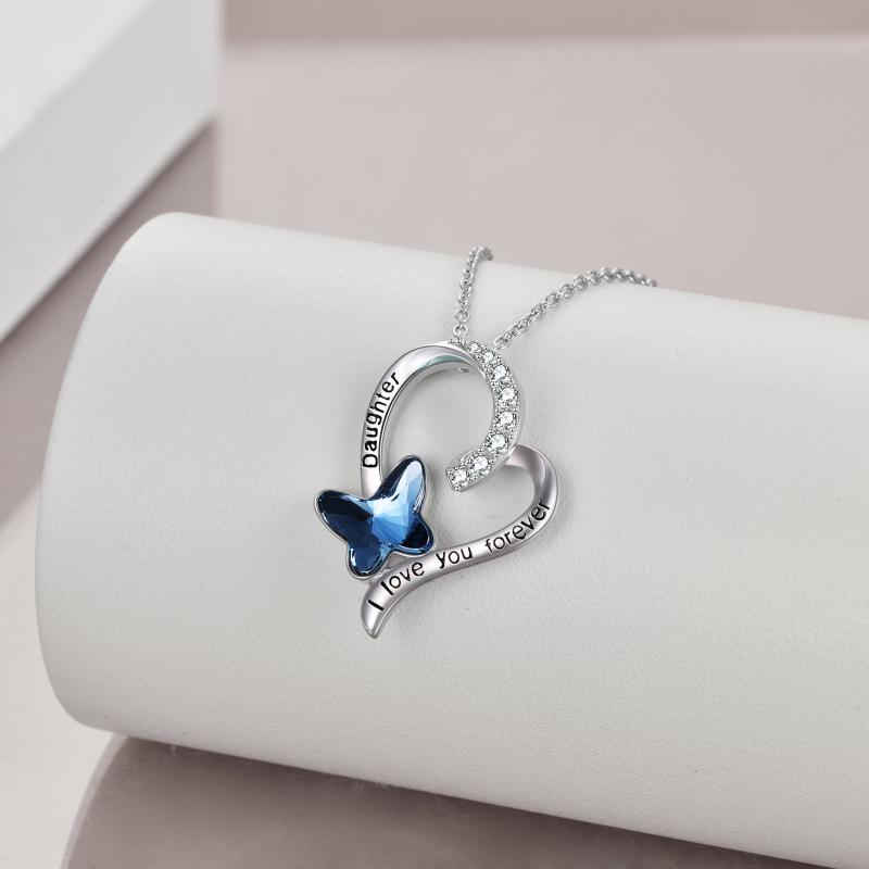 Daughter Necklace Gift for Daughter Birthday Sterling Silver with Blue Butterfly Crystal Heart Necklace
