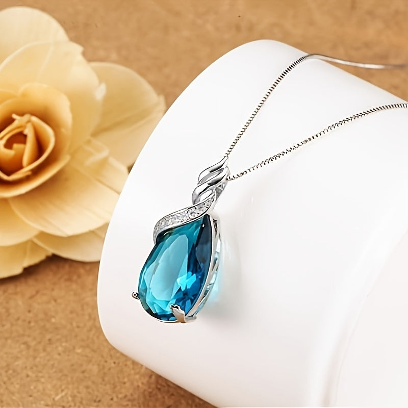 Water Drop Crystal Blue Topaz Pendant Necklace - S925 Sterling Silver